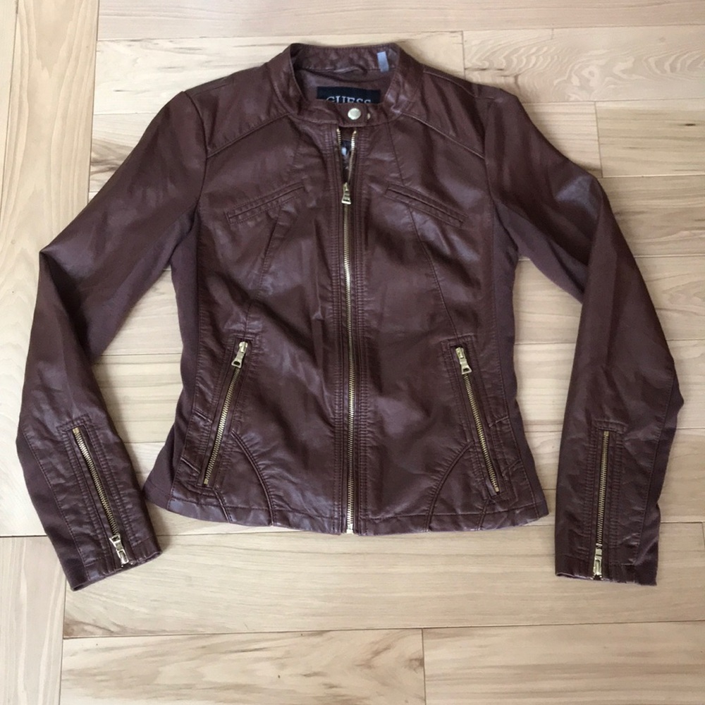 GUESS Brown leather jacket size S w/gold hardware